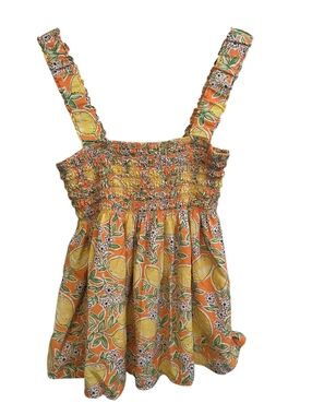 AQUA Smocked Square Neck Lemon Print Ruffle Hem Tank Top Size L EUC